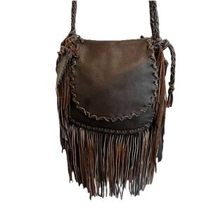 Boho Hippie Western Leather Crossbody Fringe Bag Dark Brown Woven Braided Straps